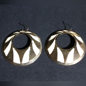 Large Vintage Brass and white striped Earrings Hoops 1980s Pierced ears